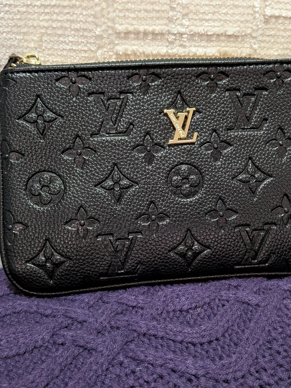 Black Embossed Monogram Zip Clutch with Gold Accent